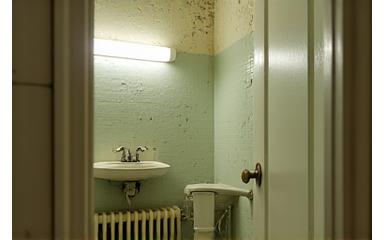 Before: Small, cramped bathroom with old fixtures